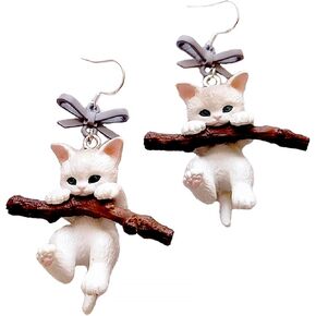 TIRHTYPLSU Lovely 3D Cat Earrings White Cat Hug a Branch Drop Dangle Earrings Cartoon Animal Jewelry Earrings for Women Girls