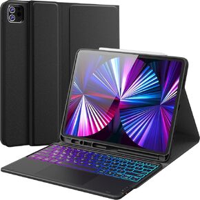 CHESONA for iPad Pro 12.9 Case with Keyboard, Compatible for iPad Pro 12.9-inch 2022 6th/5th/4th/3rd, Trackpad Keyboard with DIY 7 Color Backlit, Wireless Detachable Keyboard with Pencil Holder, Black