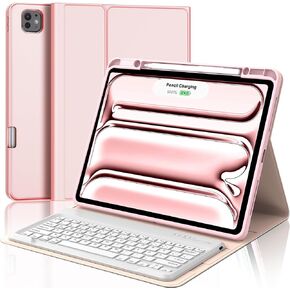 D DINGRICH حافظة iPad Pro 13 بوصة 2024 مع لوحة مفاتيح، غطاء جلدي ذكي مع حامل قلم رصاص متوافق مع iPad Pro 13 بوصة M4، قابلة لإعادة الشحن، لوحة مفاتيح لاسلكية مغناطيسية لجهاز iPad Pro الجيل السابع 13 بوصة، وردي
