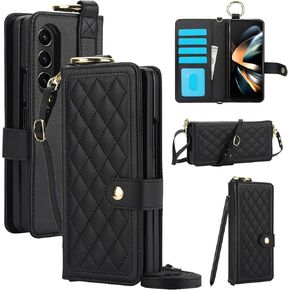 Phone Case for Samsung Galaxy Z Fold 3 5G 2021 Wallet Cover with S Pen Holder Crossbody Lanyard Strap Credit Card Holder Slot Stand RFID Blocking ZFold3 Z3 Fold3 3Z ZFold35G Women Men Girls Rose Gold