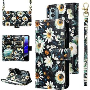 Wallet Case for Moto G Stylus 2022 4G with Wrist Strap Crossbody Shoulder Strap Flower Leather Zipper Purse Card Holder Protector Stand Phone Cover Motorola GStylus XT2211DL XT2211 Girls Black