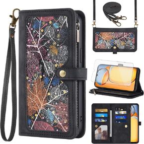 Phone Case for Xiaomi Redmi 13C /Xiaomi Poco C65 6.74 inch Wallet Cover With Screen Protector Crossbody Wrist Strap Leather Flip Pattern Zipper Credit Card Holder Stand Cell Redmi13C Women Men Black