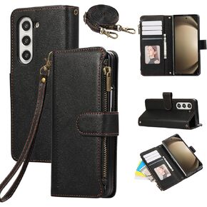 Asuwish Phone Case for Samsung Galaxy Z Fold 5 5G 2023 Zipper Wallet Cell Cover with Tempered Glass Screen Protector Crossbody Strap Card Holder Leather ZFold5 Z5 G Fold5 5Z Women Men Girls Rose Gold
