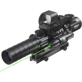 PINTY Rifle Scope Red Dot Laser Combo - 4in1 Gun Set: 3-9x32 Illuminated Hunting Scope, Green or Red Dot, Red Laser Sight, Pic Riser Mount - Tactical