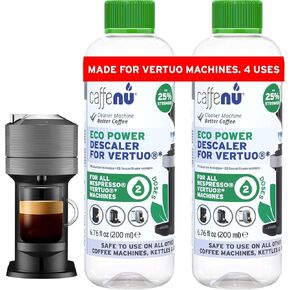 Nespresso Compatible Descaling Kit. 2 Bottles of Nespresso Vertuo Descaler Solution. Removes Limescale For Hotter Coffee. 4 Uses Descaler For Nespresso Vertuo Coffee Machines.