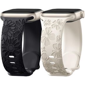 Easuny 2 Pack Floral Engraved Bands Compatible with Apple Watch Bands for Women 40mm 41mm 38mm 42mm 44mm 45mm 46mm 49mm, Soft Silicone Cute Flower Design Sport Strap for iWatch Series 10-1 SE Ultra 2