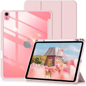JKSML Clear Case for iPad 10th Gen 2022 with Pencil Holder, Transparent Hard PC Back Shell 10.9 inch iPad 10th Generation Case, Support Touch ID, Trifold Stand, Auto Sleep/Wake, Pink