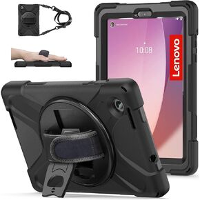 TSQQST Case for Lenovo Tab M8 4th Gen 2024/2023 Model TB301XU/TB-300FU for Kids | Full Body Protection Case with [360 Rotating Stand] & Hand Strap Function Cover for Lenovo M8 Tablet | Black