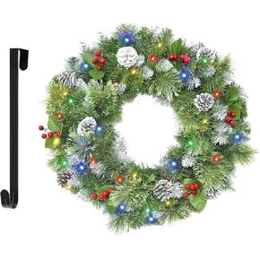 Christmas Wreaths for Front Door 24In - Light Up Artificial Christmas Wreath with 40 LEDs 8 Models Light, Timer, Hanger, Battery Operated Christmas Wreath for Mantel Wall Windows Xmas Decoration