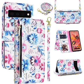 Wallet Case for Google Pixel 6 With Detachable Wrist Strap Shoulder Strap, 9+ Card Slots Zipper Purse, Floral PU Leather Stand Card Holder Cell Phone Cover for Pixel6 Pixle Six Women Men Brown