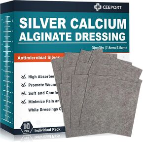 Ag Silver Calcium Alginate Wound Dressing Pads 3'' x 3'' (Pack of 10), Soft Highly Absorbent Silver Wound Dressing, Non-Adhesive Dressing for Wound Care, Painless Removal Gauze Pads for Wounds