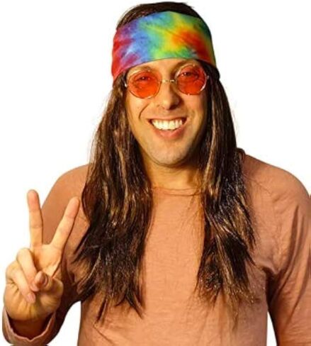HandinHandCreations Hippie Dark Brown Wig Costume with Tie Dye Bandana 60s 70s Hippy Woodstock Festival Gear in Saudi Arabia