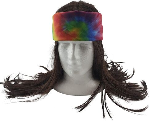 HandinHandCreations Hippie Dark Brown Wig Costume with Tie Dye Bandana 60s 70s Hippy Woodstock Festival Gear in Saudi Arabia