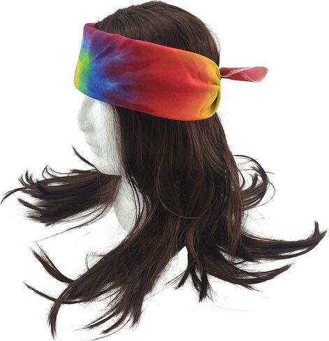 HandinHandCreations Hippie Dark Brown Wig Costume with Tie Dye Bandana 60s 70s Hippy Woodstock Festival Gear in Saudi Arabia