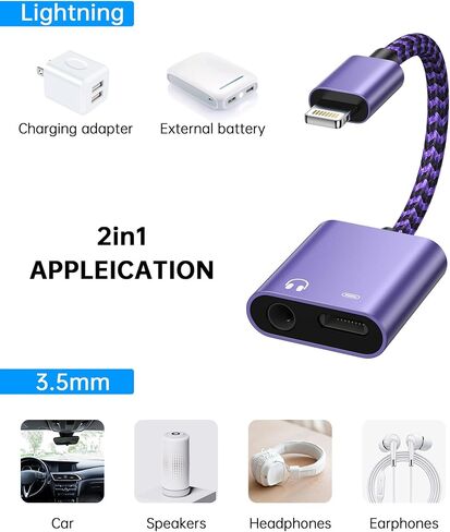 iPhone Headphone Aux Dongle, Aux Jack Earphone Dongle [MFI Certified] 2-in-1 Lightning to Dual 3.5mm Earphone Auxiliary Audio + Charger Splitter for iPhone 14 Pro Max Mini 13 12 11 XR XS 8 iPad iPod in Saudi Arabia