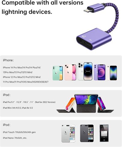 iPhone Headphone Aux Dongle, Aux Jack Earphone Dongle [MFI Certified] 2-in-1 Lightning to Dual 3.5mm Earphone Auxiliary Audio + Charger Splitter for iPhone 14 Pro Max Mini 13 12 11 XR XS 8 iPad iPod in Saudi Arabia