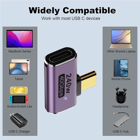 محول AreMe 240 واط USB C 90 درجة (2 حزمة)، زاوية يسار ويمين من النوع C ذكر إلى أنثى موصل 40 جيجابت في الثانية لأجهزة Thunderbolt، Switch، MacBook، الكمبيوتر المحمول، الكمبيوتر اللوحي، الهاتف in Kuwait