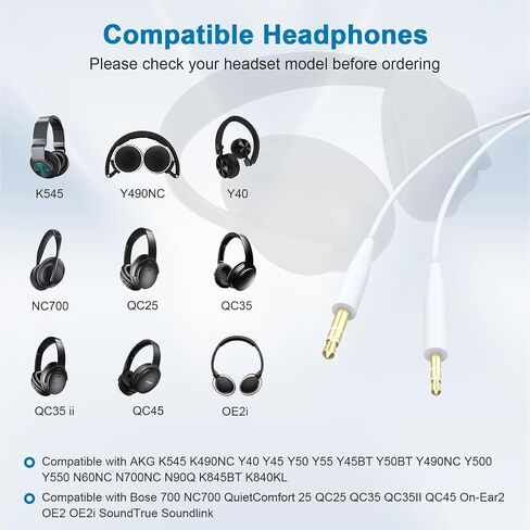 Replacement QC35 Audio Cable Cord 3.5mm to 2.5mm Aux Cable Compatible with AKG K490NC K545 Y45 Y50 Y55 Y45BT Y50BT, Bose 700 Quietcomfort 25 QC35 QC35 II QC45 Headphones 4.6FT(White) in Saudi Arabia