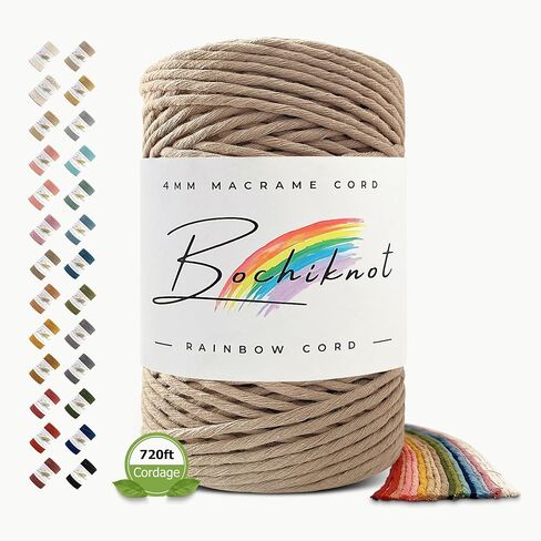 BOCHIKNOT 3ply Macrame Cord 4mm x 240yds - Macrame Cord 3ply Strand Twist - Cotton Cord for Wall Hangings, Plant Hangers, & Crafts - 4mm Macrame Cord 3ply - Macrame Rope & Supplies (240yds, Natural) in Kuwait
