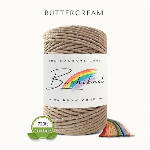 BOCHIKNOT 3ply Macrame Cord 4mm x 240yds - Macrame Cord 3ply Strand Twist - Cotton Cord for Wall Hangings, Plant Hangers, & Crafts - 4mm Macrame Cord 3ply - Macrame Rope & Supplies (240yds, Natural) in Kuwait