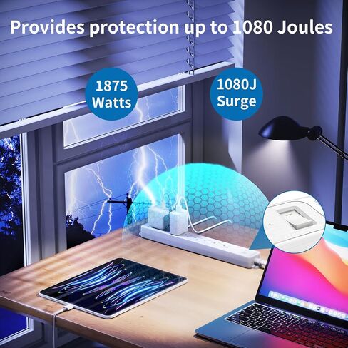 قطاع الطاقة الواقي من زيادة التيار، سلك طويل لشريط الطاقة NTONPOWER، سلك تمديد بطول 15 قدمًا، محطة شحن سطح المكتب 7 منافذ، 1080 جول، قاطع دائرة 15 أمبير للمنزل والمكتب باللون الأبيض in Saudi Arabia