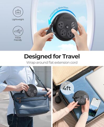 ORICO Travel Power Strip with USB Ports, 4 ft Flat Extension Cord 3 Outlets 3 USB Ports, Portable Flat Plug Power Strip Outlet Extender for Travel, Cruise Power Strip Cruise Approved - Black in Kuwait