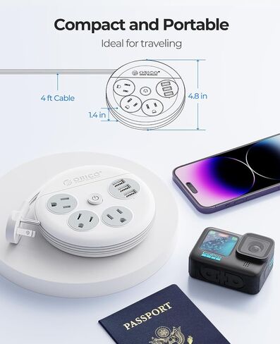 ORICO Travel Power Strip with USB Ports, 4 ft Flat Extension Cord 3 Outlets 3 USB Ports, Portable Flat Plug Power Strip Outlet Extender for Travel, Cruise Power Strip Cruise Approved - Black in Saudi Arabia