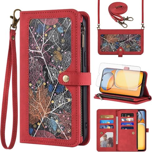 Phone Case for Xiaomi Redmi 13C /Xiaomi Poco C65 6.74 inch Wallet Cover With Screen Protector Crossbody Wrist Strap Leather Flip Pattern Zipper Credit Card Holder Stand Cell Redmi13C Women Men Black in Saudi Arabia