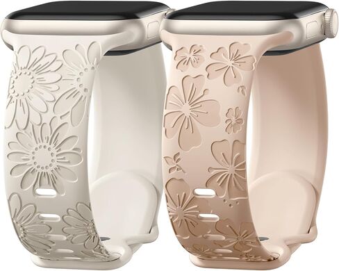 Easuny 2 Pack Floral Engraved Bands Compatible with Apple Watch Bands for Women 40mm 41mm 38mm 42mm 44mm 45mm 46mm 49mm, Soft Silicone Cute Flower Design Sport Strap for iWatch Series 10-1 SE Ultra 2 in Saudi Arabia