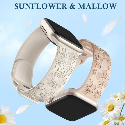 Easuny 2 Pack Floral Engraved Bands Compatible with Apple Watch Bands for Women 40mm 41mm 38mm 42mm 44mm 45mm 46mm 49mm, Soft Silicone Cute Flower Design Sport Strap for iWatch Series 10-1 SE Ultra 2 in Saudi Arabia