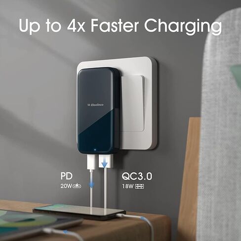 USB Wall Charger, USB C Fast Charger, Elexlinco Dual USB Wall Charger with Apple 20W Charge and QC 3.0 18W USB-A,USB C Wall Adapter for Apple 14 13 12 11, Samsung, Foldable Plug Charger in Saudi Arabia