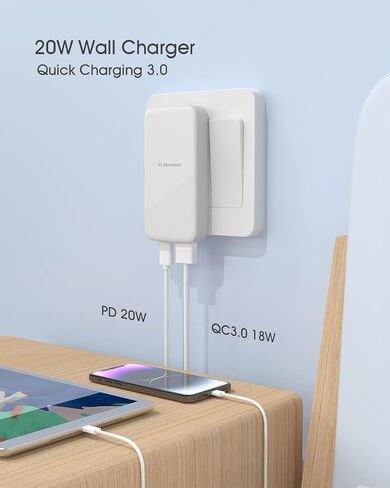 USB Wall Charger, USB C Fast Charger, Elexlinco Dual USB Wall Charger with Apple 20W Charge and QC 3.0 18W USB-A,USB C Wall Adapter for Apple 14 13 12 11, Samsung, Foldable Plug Charger in Saudi Arabia