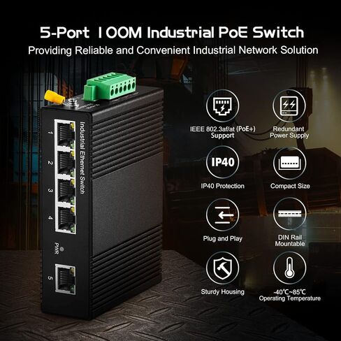محول إيثرنت صناعي Binardat 5 Port PoE Din Rail، 4 PoE IEEE802.3af/at، وصلة واحدة، 10/100 ميجابت في الثانية، حامل حائط بدون مروحة، مع مصدر طاقة PoE بقدرة 60 وات in Saudi Arabia