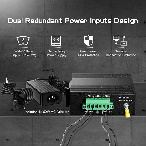 محول إيثرنت صناعي Binardat 5 Port PoE Din Rail، 4 PoE IEEE802.3af/at، وصلة واحدة، 10/100 ميجابت في الثانية، حامل حائط بدون مروحة، مع مصدر طاقة PoE بقدرة 60 وات in Saudi Arabia