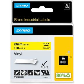 DYMO Rhino Industrial Vinyl Labels, 1", Black Print on Yellow Tape