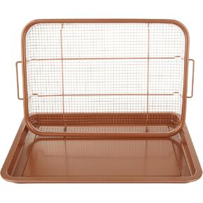 2 Piece Set Air Fryer Basket for Oven 15 x 12 Inch Bronze Air Fryer Accessories Oven Rack and Crisper Tray, Non-Stick Air Fryer Accessories Pans Tray for Oven for French Fried/Frozen Food