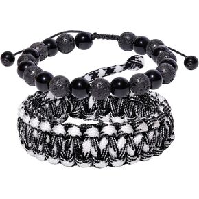 2Pcs Obsidian/Lava Stone Beaded Bracelets for Women Handmade Survival Paracord Bracelets Outdoor Relaxation Gifts