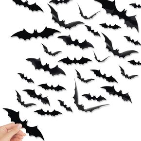 Halloween Decorations, 12PCS Halloween Hanging Bats, Hanging Halloween Bats with Glowing Eye Stickers, Large Black Plastic Flying Bats for Hanging in Tree, Porch, Yard