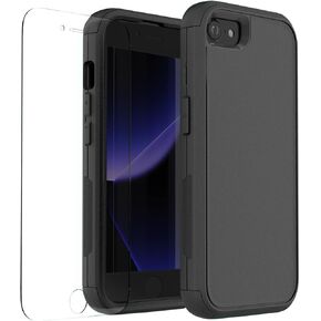 for iPhone SE Case 2022(3rd Gen)/iPhone SE 2020 Case(2nd Gen)/iPhone 7 Case/iPhone 8 Case with Screen Protector 3 in 1 Heavy Duty Shockproof Shock-Resistant Case for iPhone 7/8/SE 4.7 inch (Black)