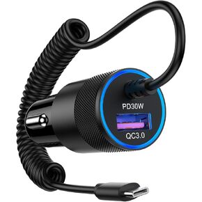 48W Super Fast USB C Car Charger for iPhone 16/16 Pro Max/16 Plus/15 Pro Max, Rapid Android Samsung Car Charger with Coiled Type C Cable for Samsung Galaxy S24 S23 S22 S21 S20 A16 A25 A35 A54 A14 A53