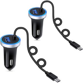 Fast Car Charger for Samsung Galaxy S24 S23 S22 S21 S20 Note 20 S10 S9 S8 A16 A25 A35 A54 A14 A53 A23 A13 Z Fold 6 5 4 Z Flip 6 5 4,3.4A USB C Car Adapter with Built-in 3ft Type C Fast Charging Cable