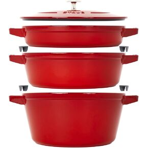 STAUB Cast Iron Set 4-pc, Stackable Space-Saving Cookware Set, Dutch Oven, Skillet, Grill Pan with Universal Lid, Made in France, Matte Black