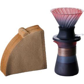 Pour Over Coffee Maker, High Temperature Borosilicate Glass Coffee Maker with 100 pcs V60 paper filter, Walnut handle and glass lid, drip coffee maker for family cafe restaurant camping.