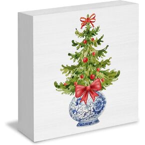 Chinoiserie Blue and White Coquette Red Bow Christmas Tree Wooden Box Signs, Grandmillennial Home Decor, Merry Christmas Wooden Signs for Home Office Desk Table Shelf Decor, 5x5 Inch