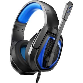 Anivia MH602 Gaming Headset for PC PS5 PS4 Xbox One Mac Laptop, Wired Stereo Over-Ear Headphones with Noise Cancelling Mic, Soft Memory Earmuffs for Adults & Kids, Black-Blue