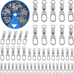 OROOTL Fishing Snap Swivel Tackle Box, 50pcs Ball Bearing Swivel with Oval Split Rings Kit Stainless Steel Solid Rings Heavy Duty Lure Connector Saltwater Freshwater Fishing Tackle