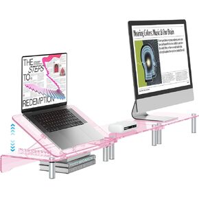 Pink Acrylic Dual Monitor Stand for Desk,Adjustable Laptop Stand Riser,Ergonomic Desk Computer Monitor Riser Holder Suitable for 2 Monitors, Desktop, Laptop, PC, Printer, TV Screen