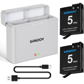 2 Packs 3.87V 2100mAh Battery for DJI OSMO Action 5 Pro Battery Charger Kit with 5V3A USB-C Fast Charging Dual-Slot Charger Case for DJI OSMO Action 5 Pro, Action 4, Action 3 Camera Batteries