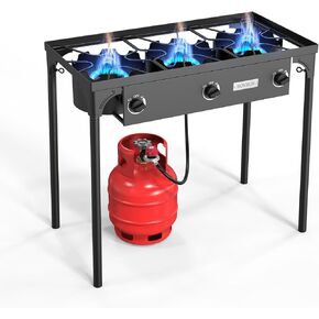 ROVSUN 3 Burner Propane Gas Stove, 225,000 BTU High Pressure Outdoor Camping Burner with CSA Listed Regulator, Picnic Cooker Perfect for Home Brewing Maple Syrup Patio Turkey Frying Canning