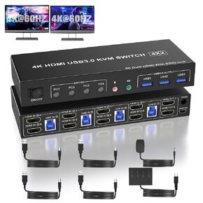 USB 3.0 HDMI KVM Switch 2 Monitors 4 Computers, Support EDID, 4K@60Hz KVM Switch HDMI Dual Monitor 4 PCs, with Audio Microphone and 3 USB 3.0 Ports, PC Monitor Keyboard Mouse Switcher for 4 PC